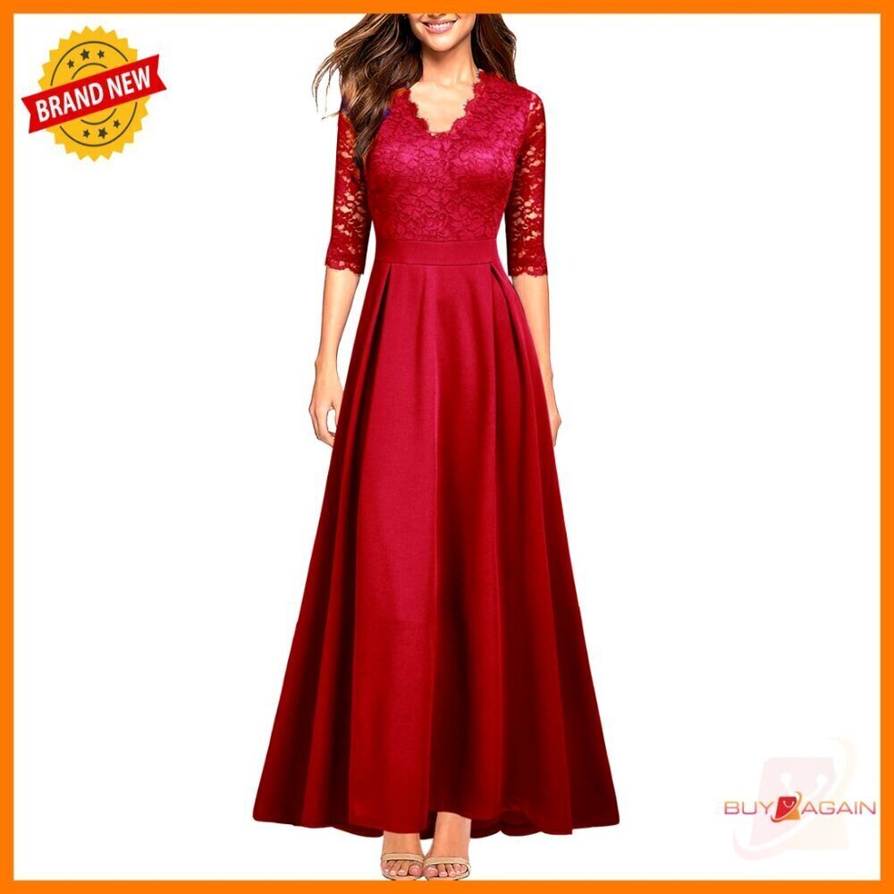 V Neck Lace Formal Long Dress Elegant Vintage Bridesmaid Wedding Gown